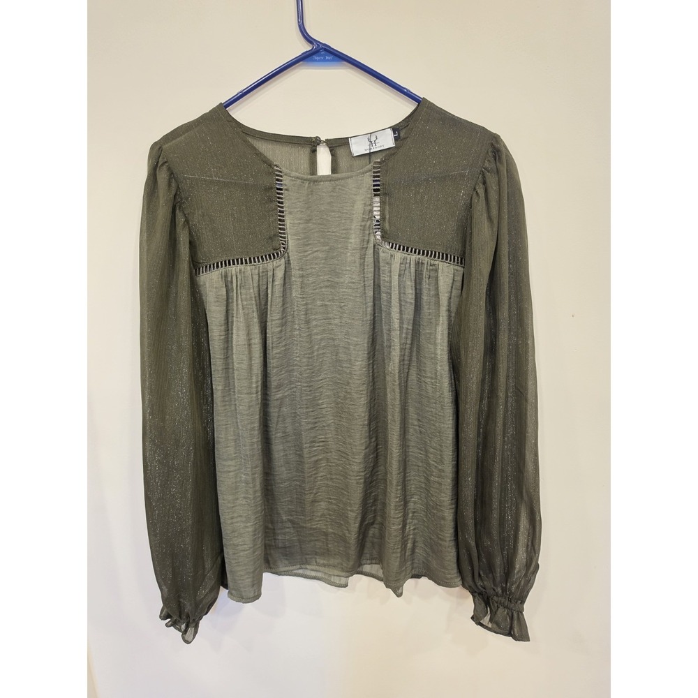 NWT Olive Green Sheer Metallic Babydoll Top LG Boho Cottagecore Romantic Earthy